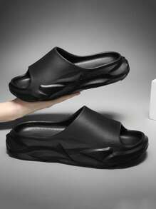 Cool Black Slippers For Men, Minimalist Single Band Slides - Black - View 3