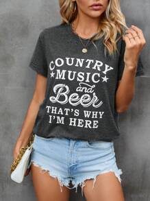 SHEIN LUNE Slogan Graphic Tee - Dark Grey - View 1