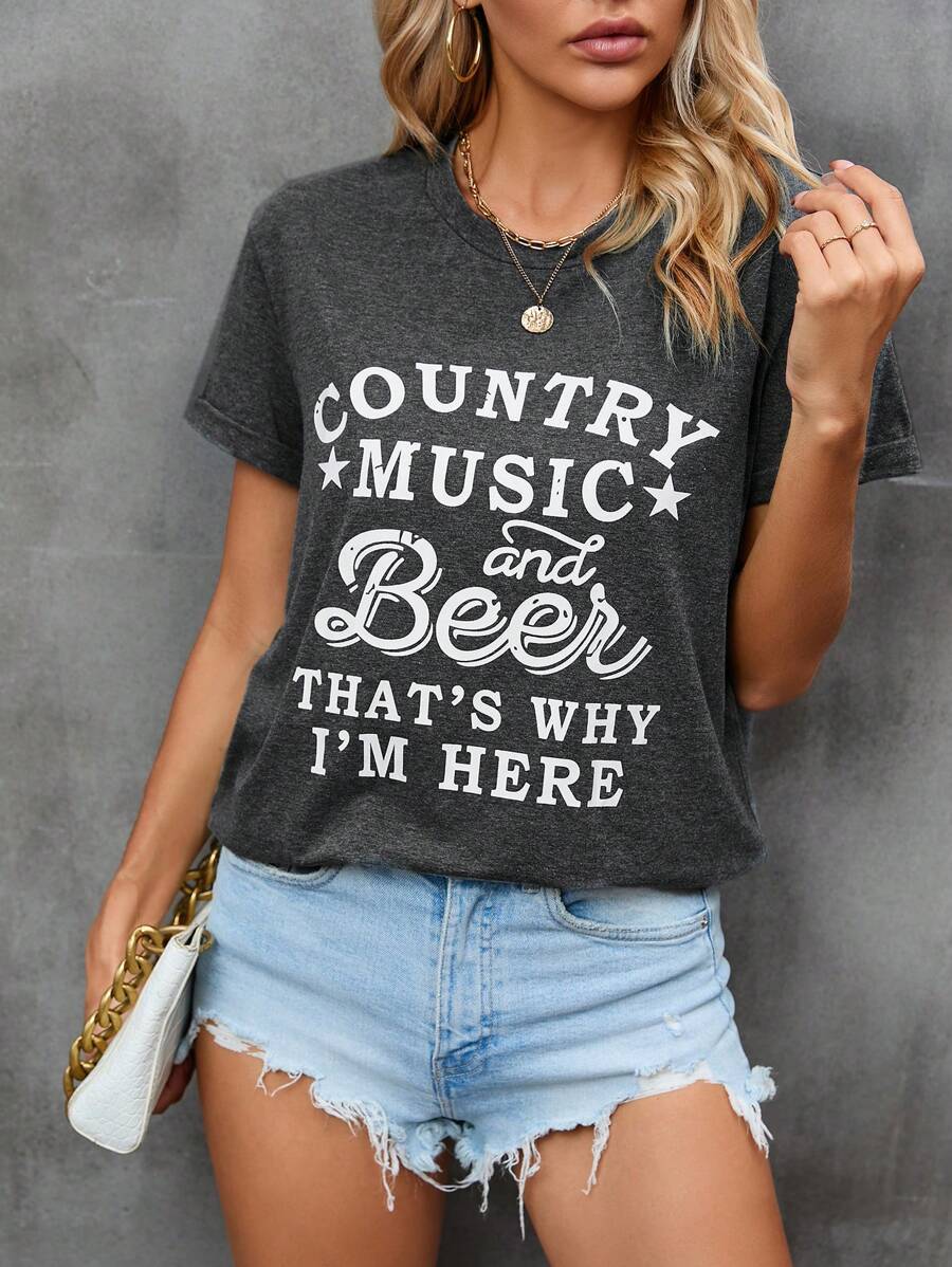 SHEIN LUNE Slogan Graphic Tee - Dark Grey - View 1