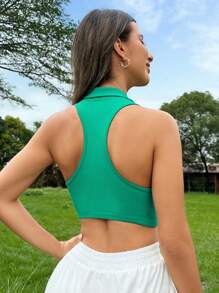 Polo Neck Crop Tank Top - Green - View 2