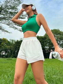 Polo Neck Crop Tank Top - Green - View 6