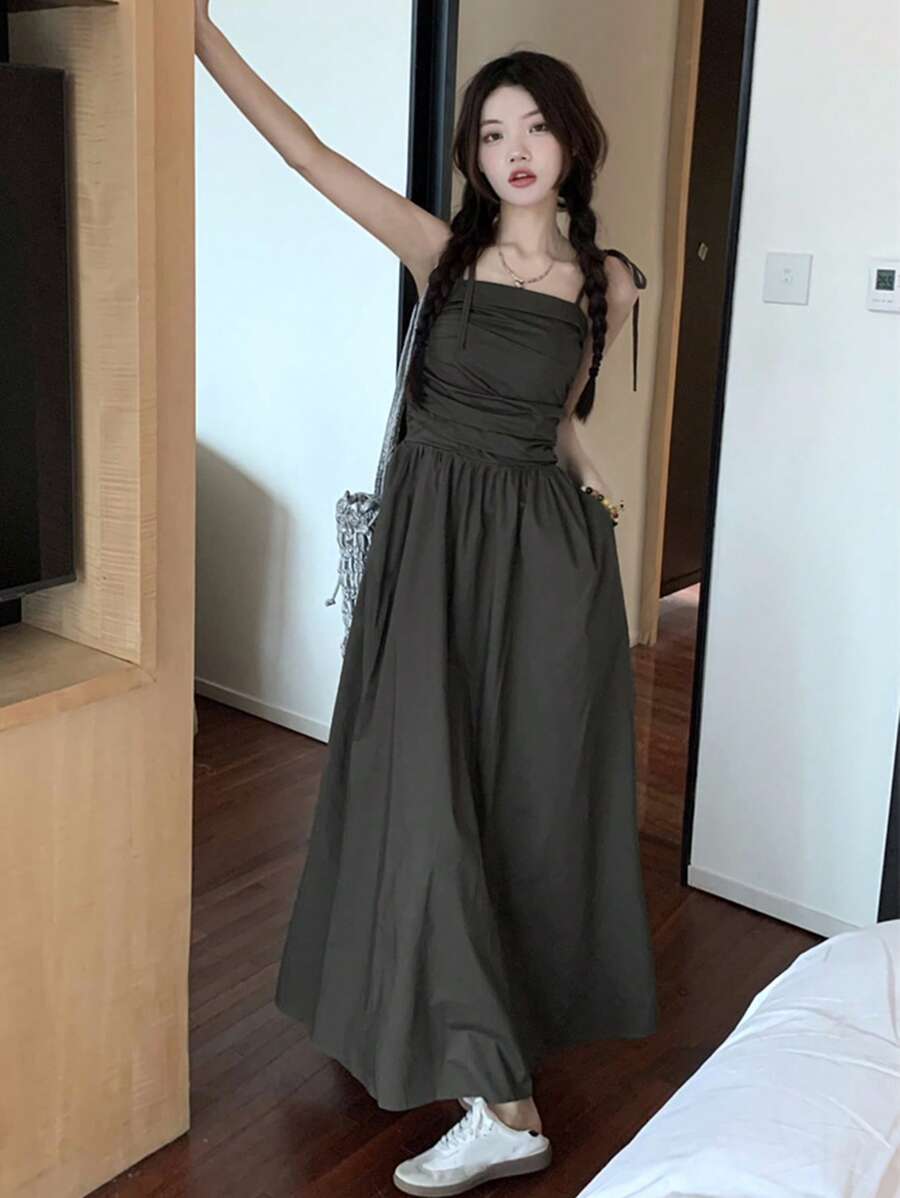 Vestido de tirantes unicolor fruncido - Gris Oscuro - Ver 1