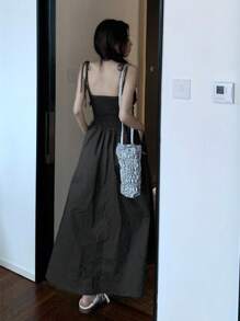 Vestido de tirantes unicolor fruncido - Gris Oscuro - Ver 2