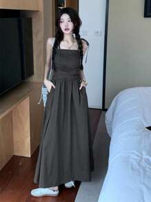 Vestido de tirantes unicolor fruncido - Gris Oscuro - Ver 3