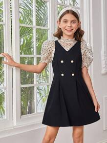 SHEIN 女孩波點圖案泡泡袖上衣&雙排釦背帶裙