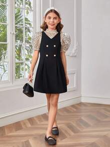 SHEIN 女孩波點圖案泡泡袖上衣&雙排釦背帶裙