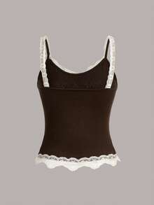 ROMWE Cupid Print Contrast Lace Cami Top - Chocolate Brown - View 3