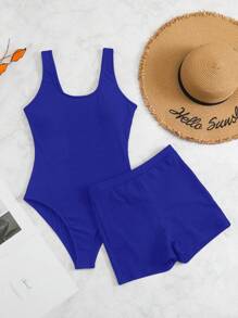 SHEIN Swim Bañador una pieza liso con shorts de playa - azul real - Ver 1