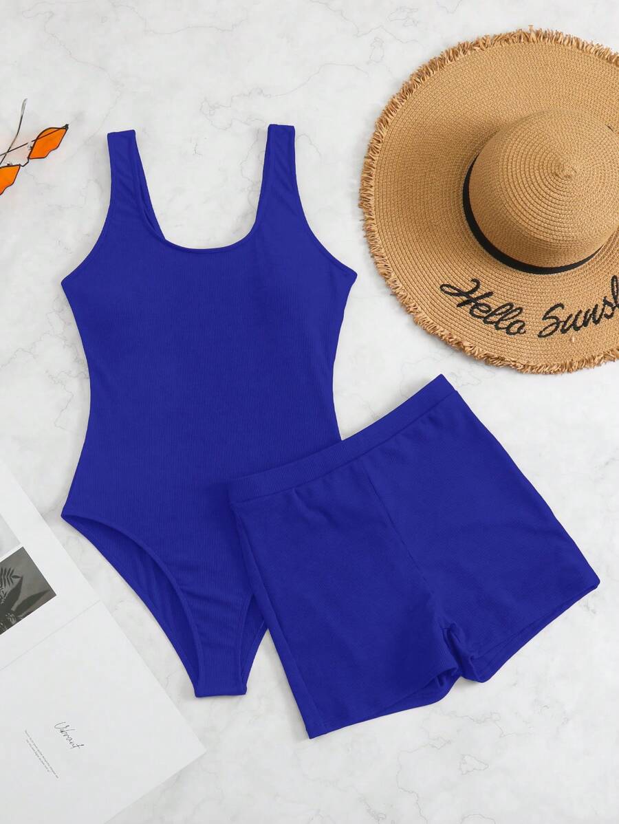 SHEIN Swim Bañador una pieza liso con shorts de playa - azul real - Ver 1
