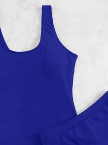 SHEIN Swim Bañador una pieza liso con shorts de playa - azul real - Ver 3
