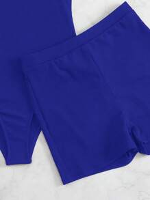SHEIN Swim Bañador una pieza liso con shorts de playa - azul real - Ver 4