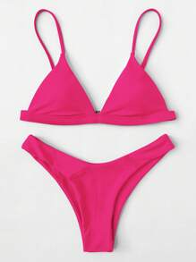 SHEIN Swim 夏日海滩纯色三角高叉比基尼套装，度假比基尼 - 玫紅色 - 查看 3