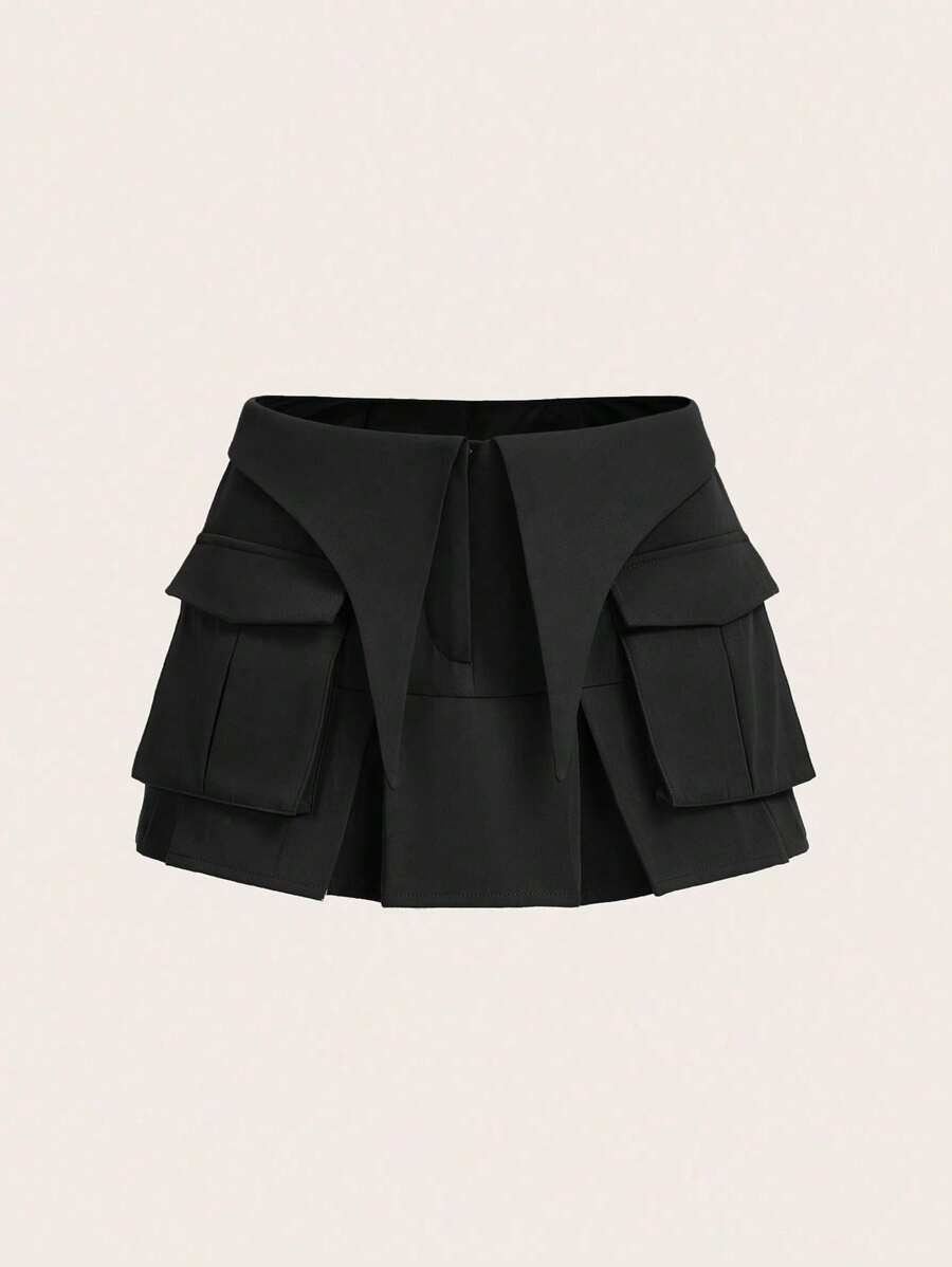 SHEIN ICON 黑色蓋子口袋折疊百褶迷你裙 - 黑色 - 查看 1