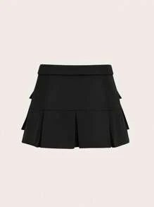 SHEIN ICON 黑色蓋子口袋折疊百褶迷你裙 - 黑色 - 查看 2