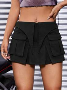 SHEIN ICON 黑色蓋子口袋折疊百褶迷你裙 - 黑色 - 查看 3