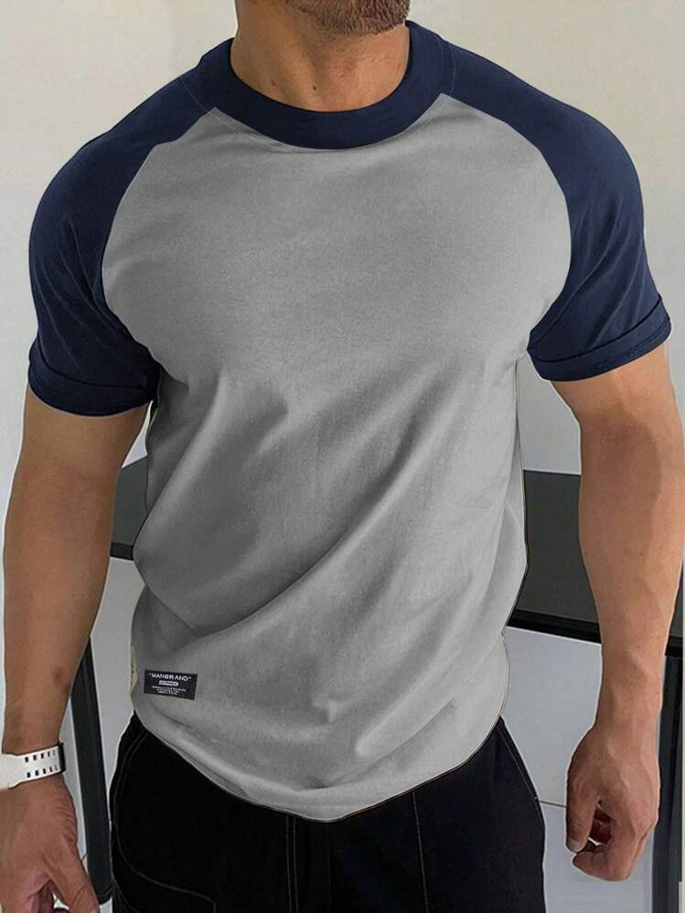 Manfinity Homme 男性 カラーブロック ラグランスリーブ パッチ詳細 Tシャツ - グレー - 見る 1