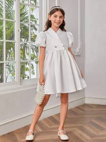 SHEIN Tween Girls Puff Sleeve Double Button Front Party Dress - White - View 3