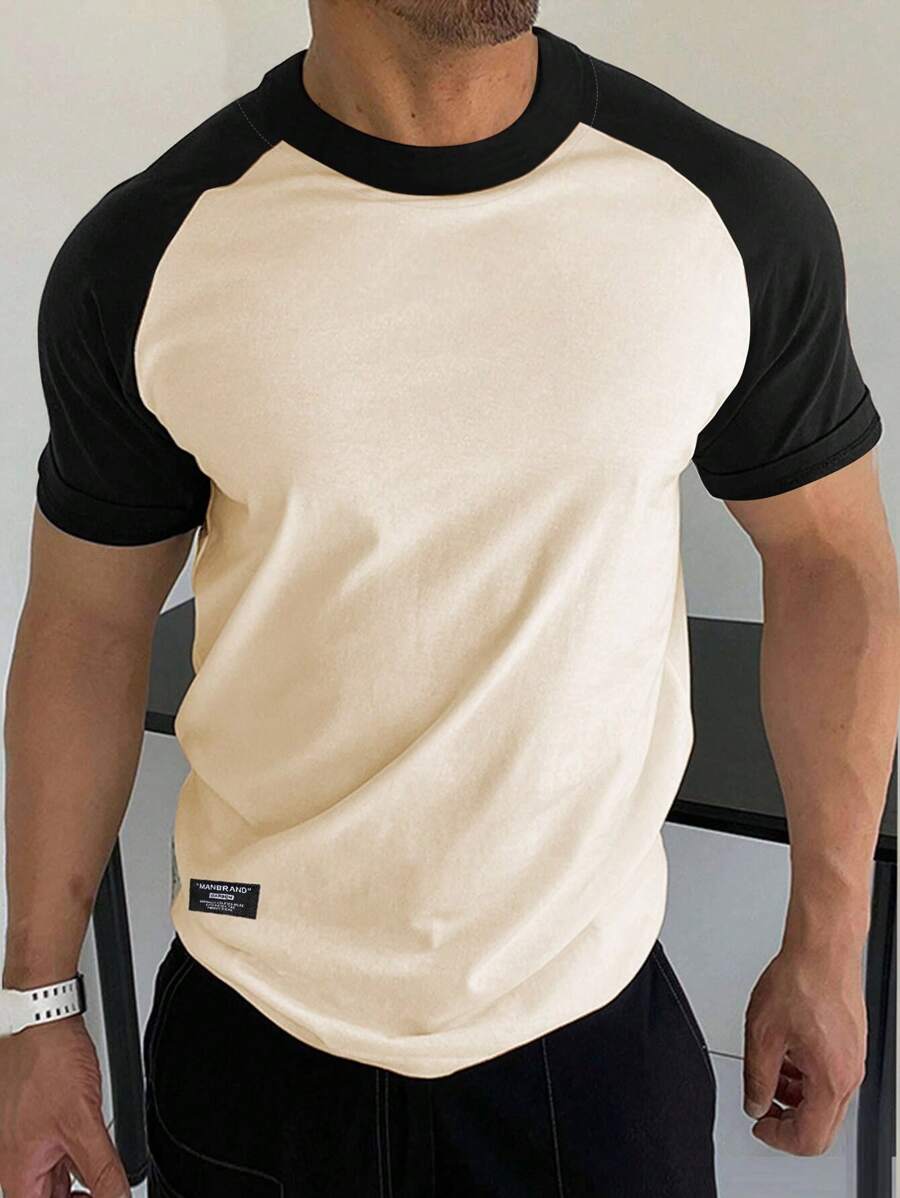 Manfinity Homme Men Colorblock Raglan Sleeve Patched Detail Tee - Khaki - View 1