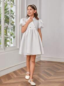 SHEIN Tween Girls Puff Sleeve Double Button Front Party Dress - White - View 5