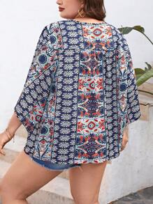 SHEIN VCAY Plus Allover Print Batwing Sleeve Blouse - Navy Blue - View 2