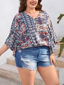 SHEIN VCAY Plus Allover Print Batwing Sleeve Blouse - Navy Blue - View 3