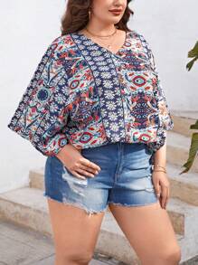 SHEIN VCAY Plus Allover Print Batwing Sleeve Blouse - Navy Blue - View 5