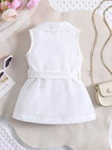 SHEIN Baby Girl Double Breasted Fold Pleated Detail Peter Pan Collar Belted Dress - White - View 2