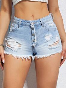 SHEIN EZwear Ripped Raw Hem Button Fly Denim Shorts - Light Wash - View 3