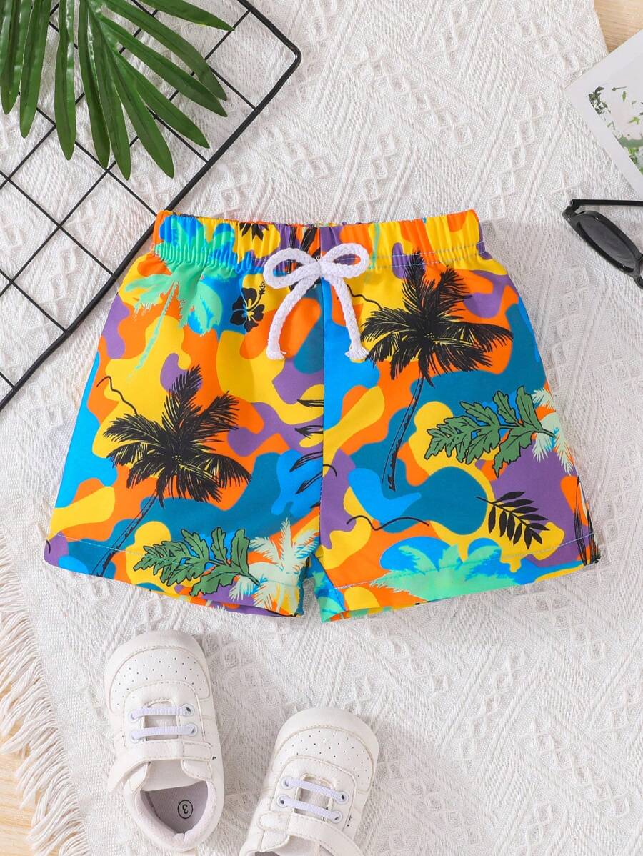 Baby Boy Tropical Camo Pattern Front-Tied Shorts For Summer Vacation & Casual - Multicolor - View 1