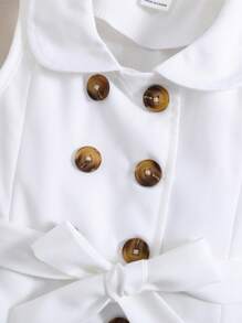 SHEIN Baby Girl Double Breasted Fold Pleated Detail Peter Pan Collar Belted Dress - White - View 5