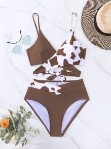 SHEIN Swim Summer Beach Cow Print Wrap Bikini Set Bathing Suit, Vacation Bikini - Coffee Brown - View 6