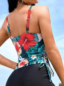 Swim Lushoire Tropical Print Drawstring Side Tankini Summer Beach - Multicolor - View 2