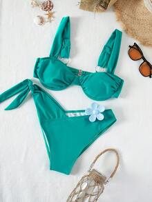 Knot Side Underwire Bikini Set For Summer Beach - Green - View 3