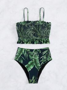 Tropical Print Ruffle Hem Tankini Summer Beach - Multicolor - View 2