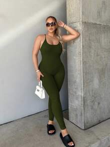 SHEIN SXY 夏季露背纯色十字交叉吊带连体裤 - 軍綠色 - 查看 2