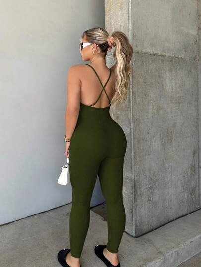 SHEIN SXY Sommar Rygglös Enfärgad Criss Cross Cami Unitard Jumpsuit