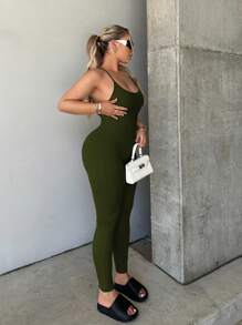 SHEIN SXY 夏季露背纯色十字交叉吊带连体裤 - 軍綠色 - 查看 4