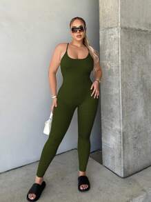 SHEIN SXY 夏季露背纯色十字交叉吊带连体裤 - 軍綠色 - 查看 5