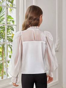 SHEIN Tween Girl Bow Front Flounce Sleeve Frill Trim Blouse - White - View 2