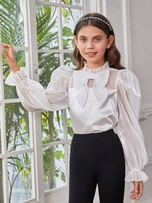 SHEIN Tween Girl Bow Front Flounce Sleeve Frill Trim Blouse - White - View 3
