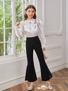 SHEIN Tween Girl Bow Front Flounce Sleeve Frill Trim Blouse - White - View 4