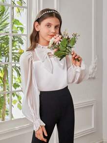 SHEIN Tween Girl Bow Front Flounce Sleeve Frill Trim Blouse - White - View 5