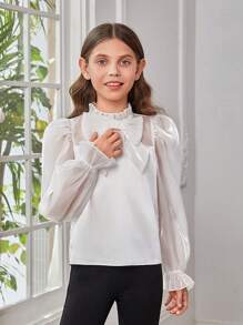 SHEIN Tween Girl Bow Front Flounce Sleeve Frill Trim Blouse - White - View 6