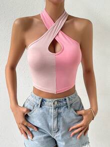 SHEIN Privé Two Tone Crisscross Backless Halter Top - Multicolor - View 2