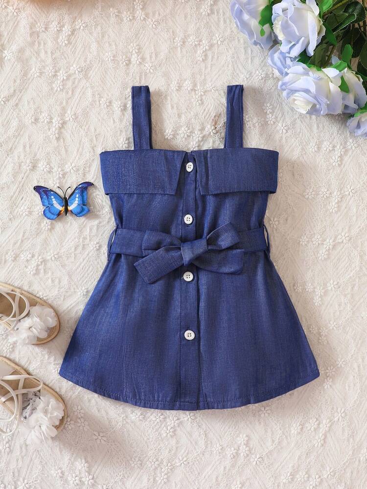 SHEIN Vestido de mameluco abotonado de mezclilla suave casual para bebés pequeños con cinturón, verano - Azul Marino - Añade 1
