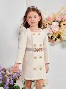 SHEIN Đầm bé gái Thắt lưng Xù Nút đôi màu trơn Dễ thương - Màu be - Xem 3