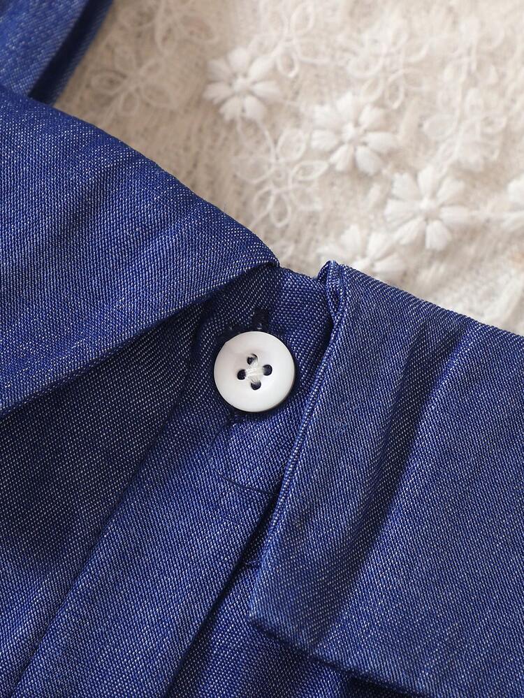 SHEIN Vestido de mameluco abotonado de mezclilla suave casual para bebés pequeños con cinturón, verano - Azul Marino - Añade 3