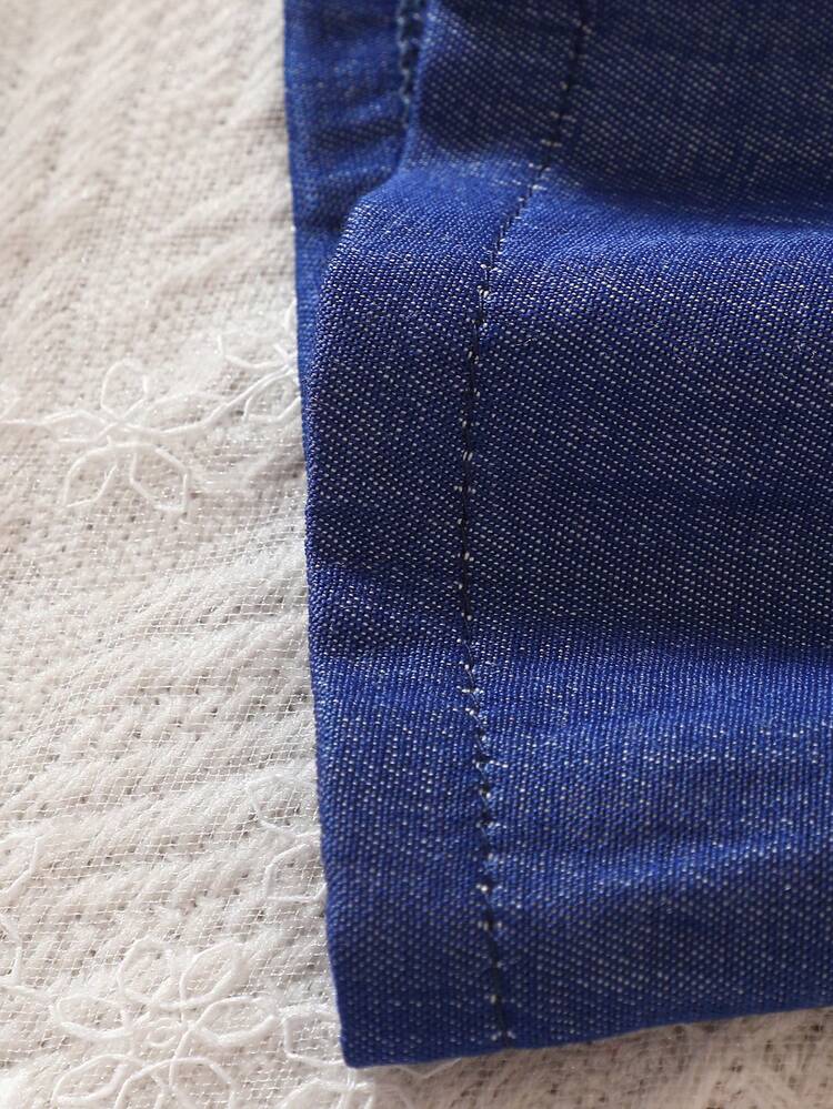 SHEIN Vestido de mameluco abotonado de mezclilla suave casual para bebés pequeños con cinturón, verano - Azul Marino - Añade 5