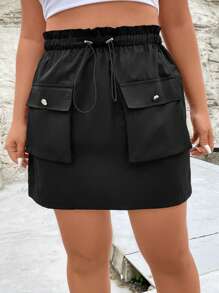 Flirla Plus Flap Pocket Drawstring Waist Cargo Skirt - Black - View 3