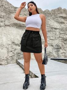 Flirla Plus Flap Pocket Drawstring Waist Cargo Skirt - Black - View 4
